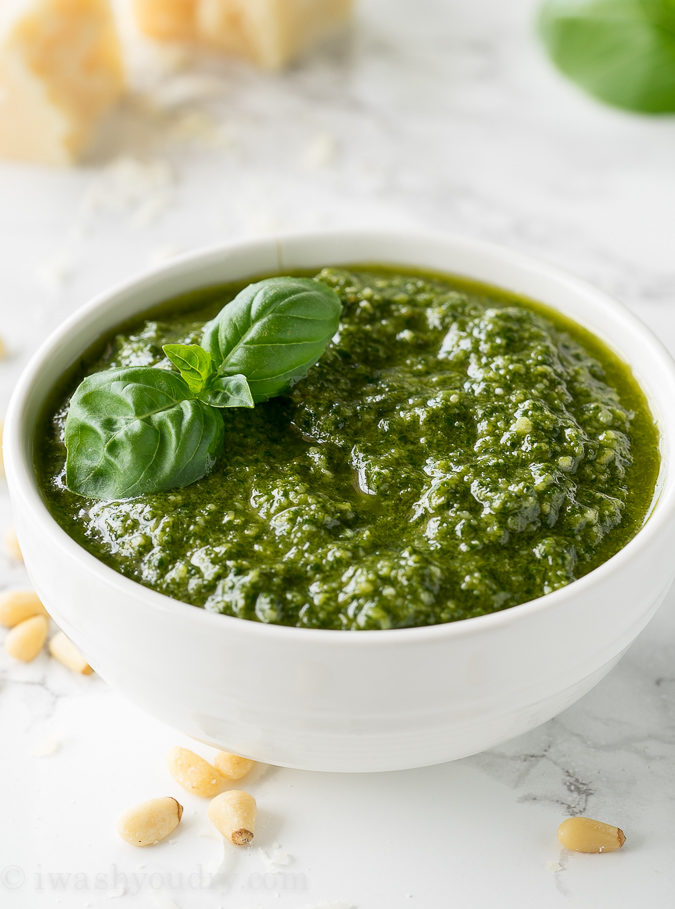 This Fresh Basil Pesto Recipe is so EASY!! It's perfect with pasta, shrimp and chicken!