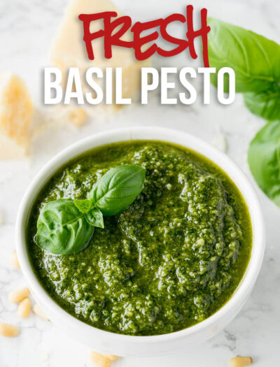 This Fresh Basil Pesto Recipe is so EASY!! It's perfect with pasta, shrimp and chicken!