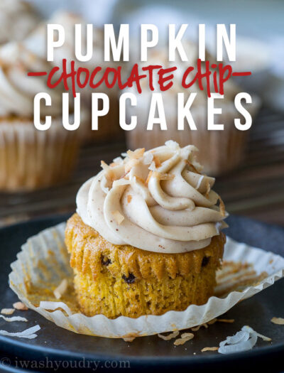 These Pumpkin Chocolate Chip Cupcakes with Spiced Cream Cheese Frosting are insanely delicious and so easy! They start with a box cake mix and I can't wait to make them again!