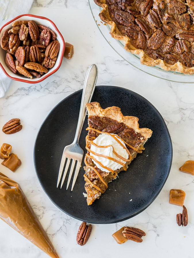 This Caramel Pecan Pie recipe is my new favorite Thanksgiving pie! So easy and no corn syrup!