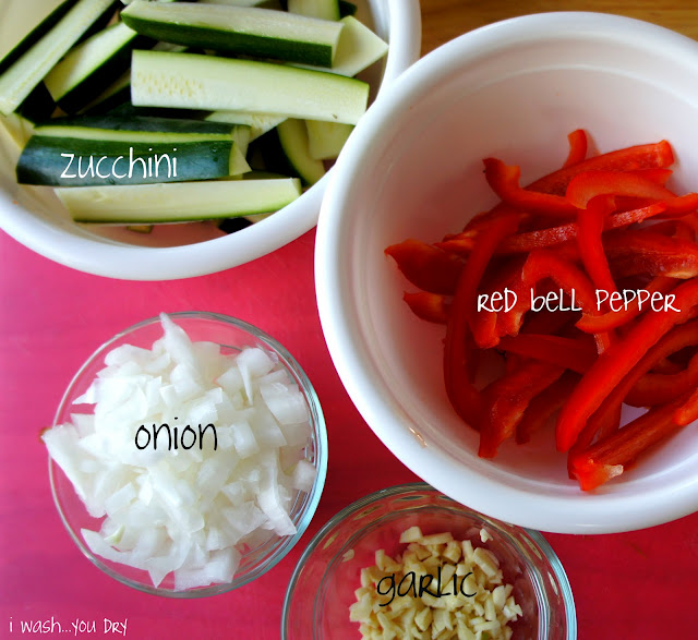 A display of needed ingredients to make Creamy Shrimp and Veggie Pasta.