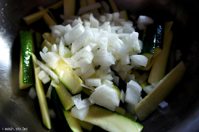 Chopped veggies in a pan.