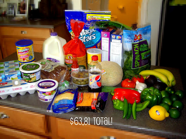 A display of food bought on a grocery trip. 