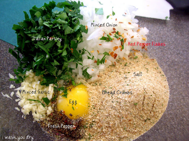 A display of needed ingredients to make Turkey meatballs: Parsley, garlic, pepper, egg, salt, bread crumbs, onion. 