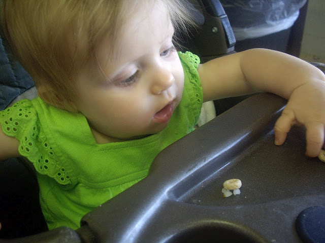 A baby eating Cheerios off her tray. 