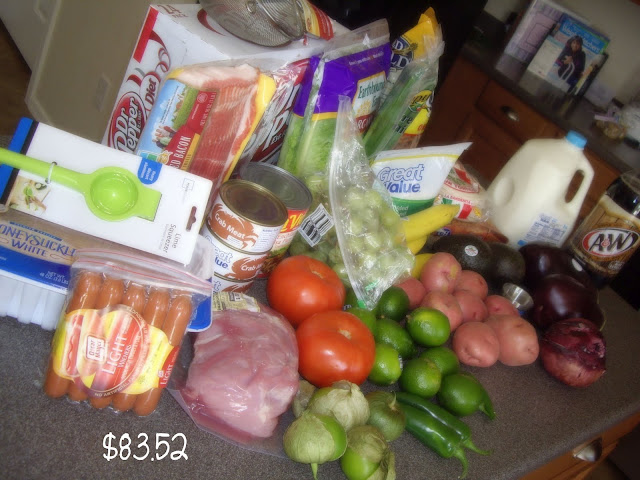 A display of food bought from a grocery trip. 