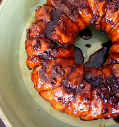 A look down on the top of a Chocolate Chip Sticky Bun Ring