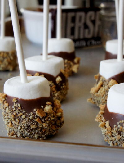 A close up of a pan of S'more dipped marshmallow pops