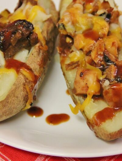 Two halves of a Loaded BBQ Potato Skins