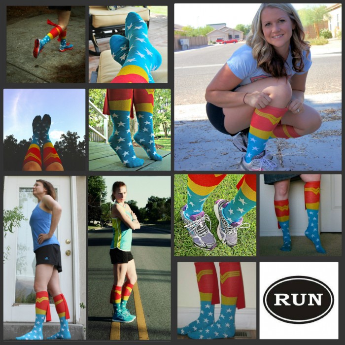 A showcase of woman wearing Wonder Woman socks