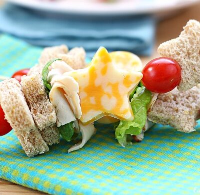 A close up of a plate of a Sandwich Kabob on a table