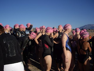 A group of woman waiting to start a triathalon