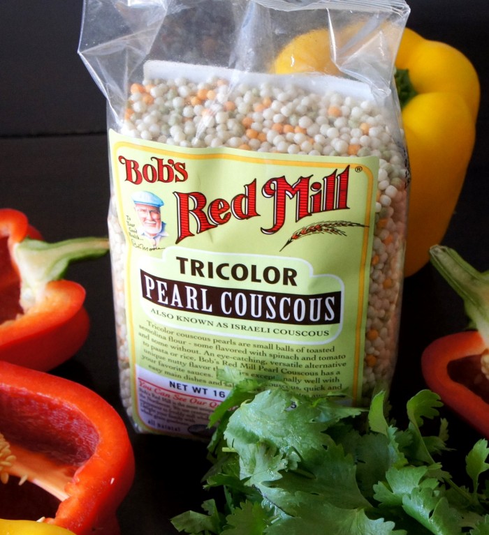 A close up of a bag of Bob\'s Red Mill Tricolor Pearl Couscous