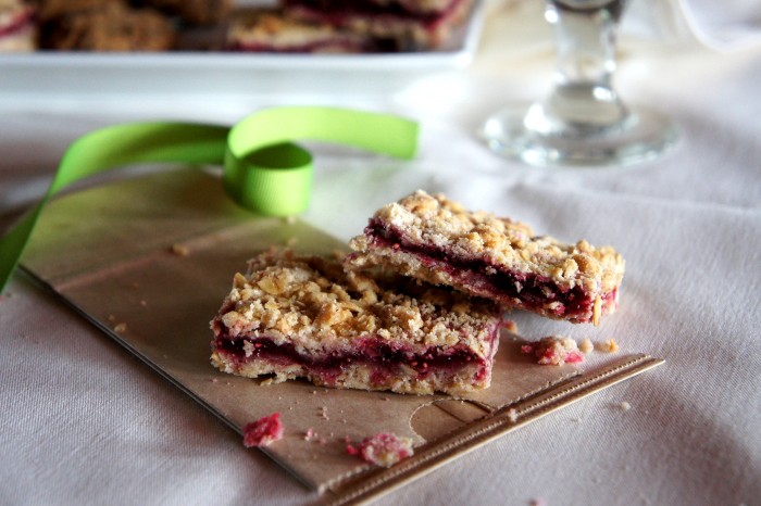 Two raspberry crumble bars displayed on a table