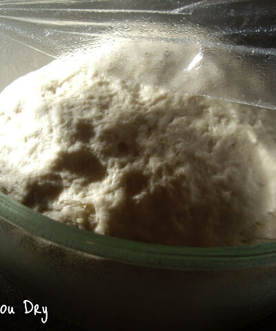 A ball of pizza dough in a dish covered with plastic wrap.