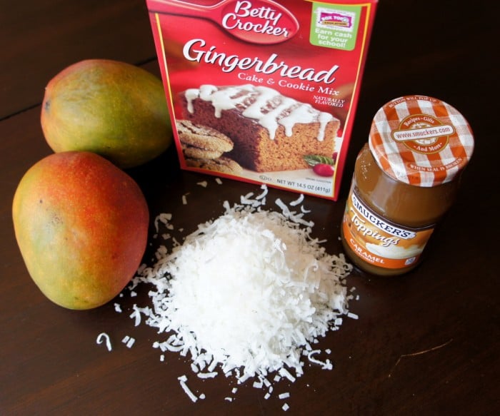 A display of needed ingredients to make Mango Upside Down Gingerbread Cake