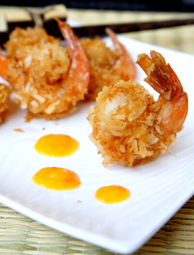 A close up of Curried Coconut Fired Shrimp on a plate