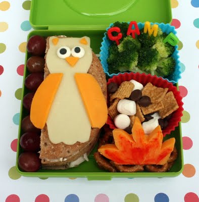 Bento lunch idea with an owl shaped out of cheese, grapes, broccoli, trail mix and a sandwhich 