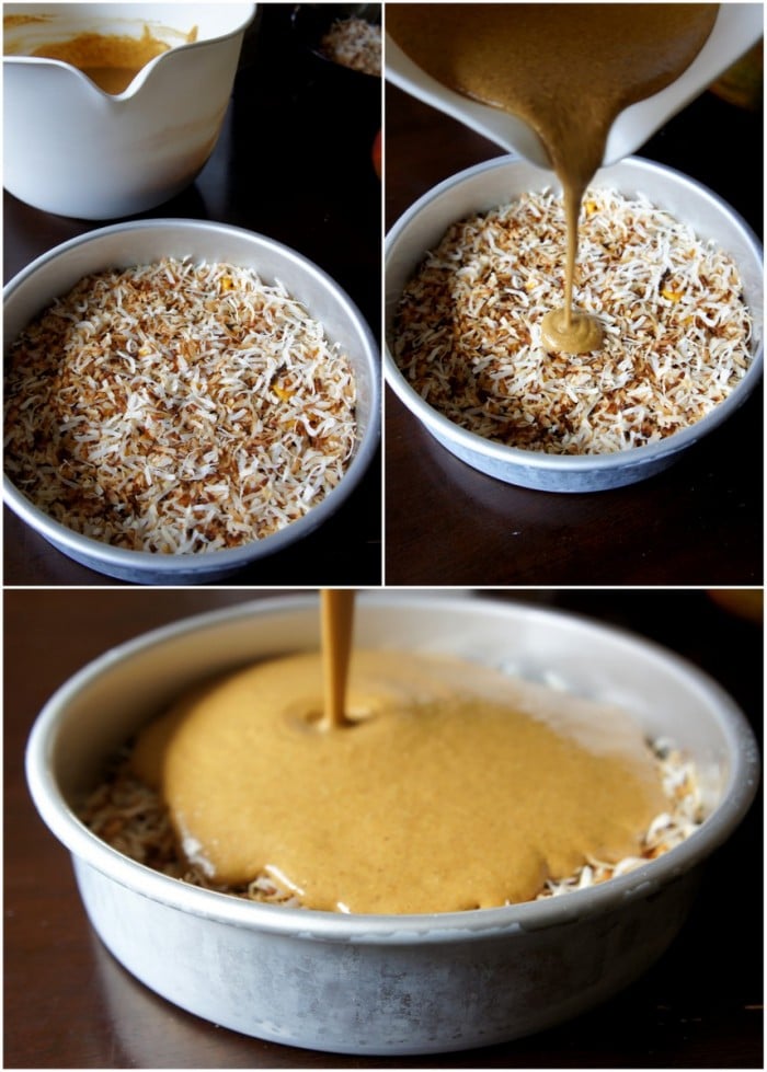 A demonstration of of the layers of ingredients needed to make Mango Upside Down Gingerbread Cake