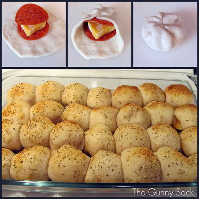 Demonstration of how to make Mini Pepperoni Pizza Rolls  and the baked rolls in a pan