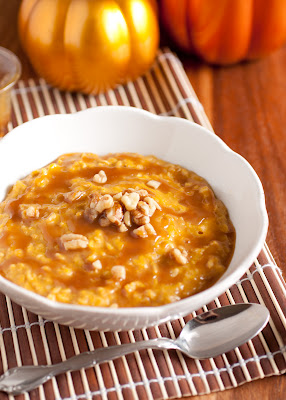 A bowl of Pumpkin Pie Oatmeal with Caramel Sauce on a table