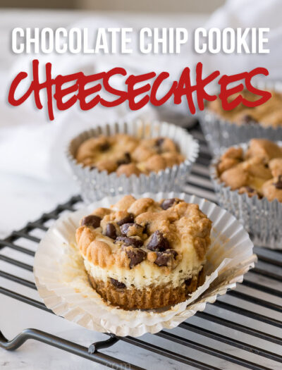 Chocolate Chip Cookie Cheesecake Cups are filled with a creamy cheesecake center and surrounded by buttery chocolate chip cookie dough! These are perfect little bites of deliciousness!