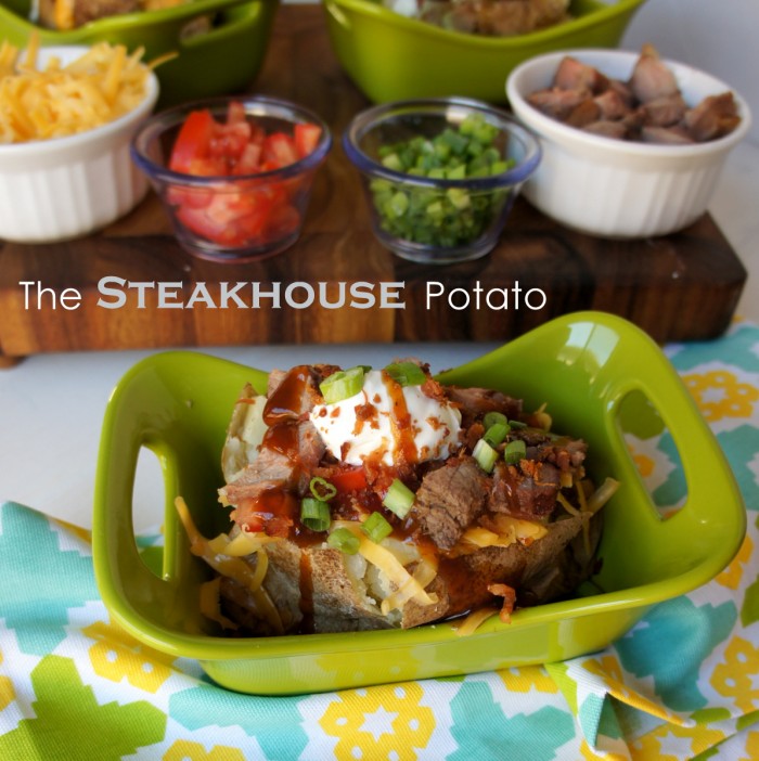 A baked potato on a green plate with a Steakhouse themed potato bar toppings