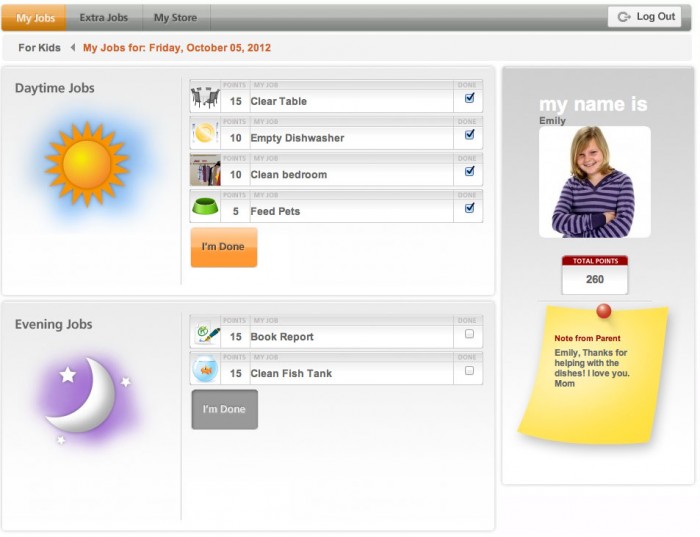 A screenshot of My Job Chart\'s dashboard for a child 