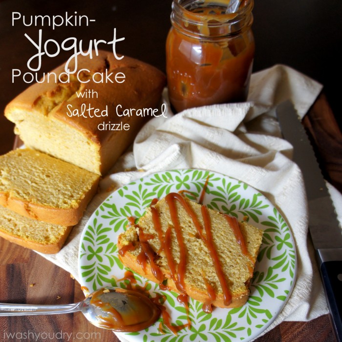 A loaf of sliced Pumpkin Yogurt Pound Cake, with one slice on a plate topped with drizzled salted caramel