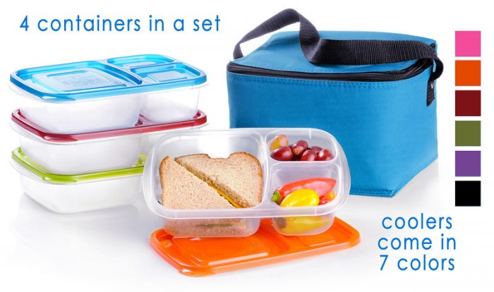 A blue lunch box cooler with a stack of plastic containers next to it and one container in front displaying the inside with food