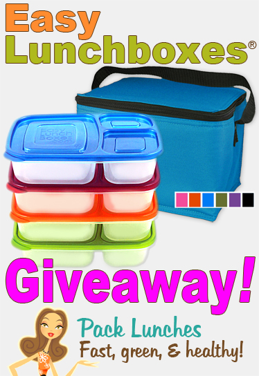 A stack of plastic bento containers and a cooler titled \"Easy Lunchboxes Giveaway! Pack Lunches Fast, Green and Healthy!\"