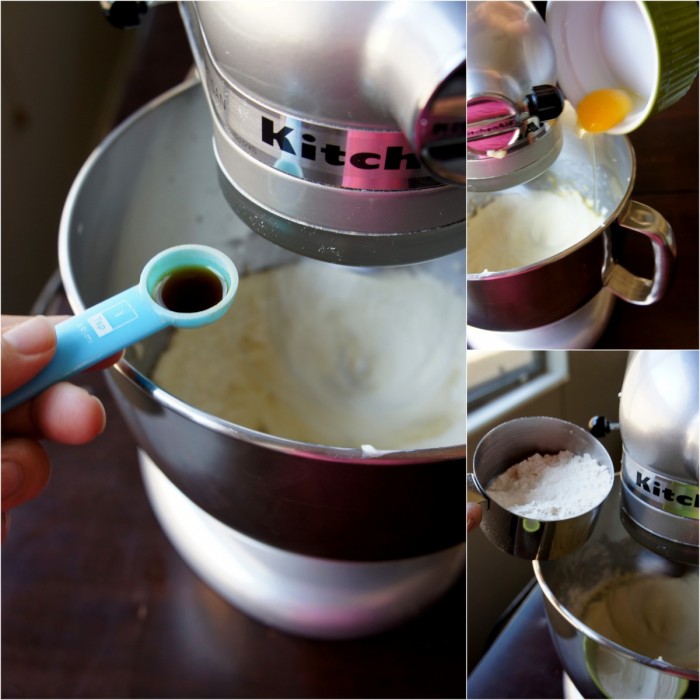 A grid of three pictures of ingredients being added to a mixer