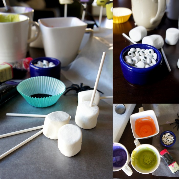 A grid of three pictures demonstrating items needed to make Halloween themed marshmallow pops