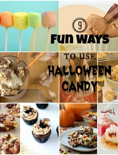 A grid of 9 Halloween themed foods with the title "9 Fun Ways to Use Halloween Candy"