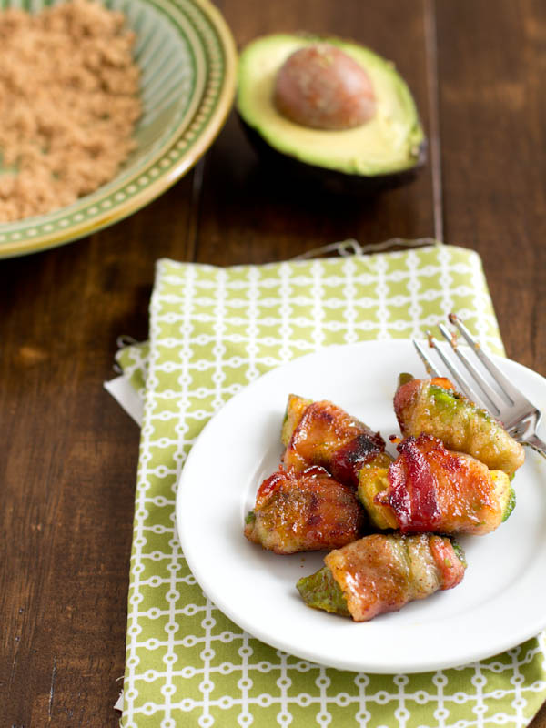 A plate with bacon wrapped avocado slices