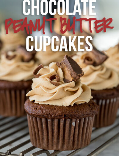 These Chocolate Peanut Butter Cupcakes with Peanut Butter Buttercream Frosting are filled with a surprise center that's sure to make you smile!