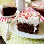 A piece of chocolate cake on a plate with white fluffy frosting and peppermint pieces on top