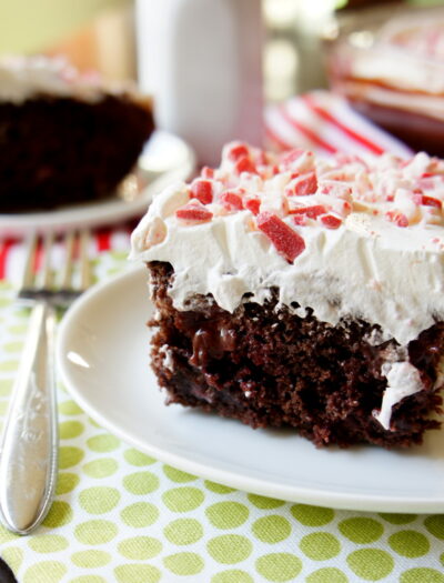 A piece of chocolate cake on a plate with white fluffy frosting and peppermint pieces on top