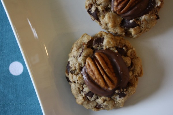 A close up of an Oatmeal cookie Rolo Turtles