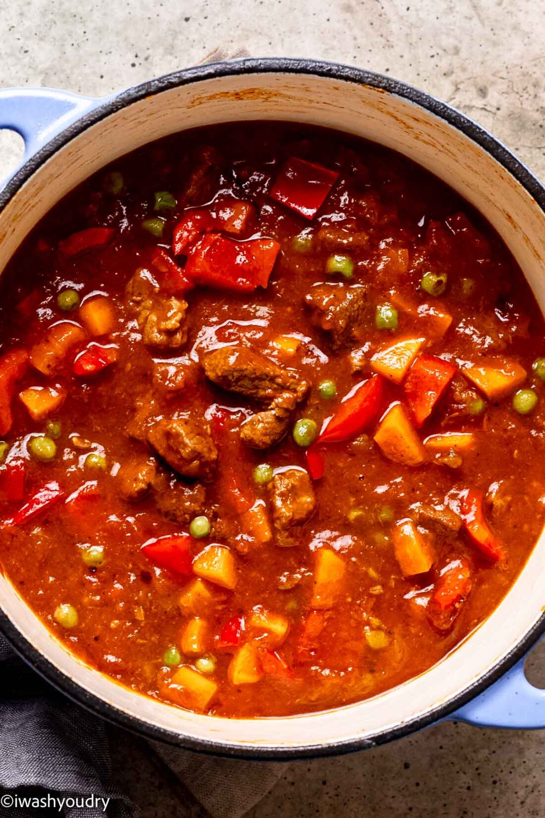 Cooked beef curry stew in ceramic pot. 