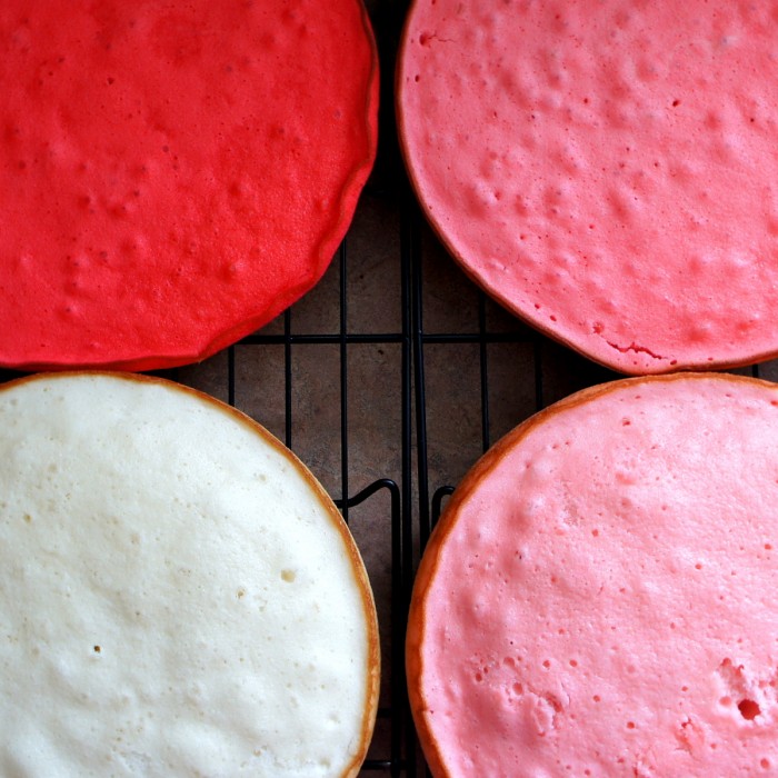 Close up of 4 layers of cake on a cooling rack