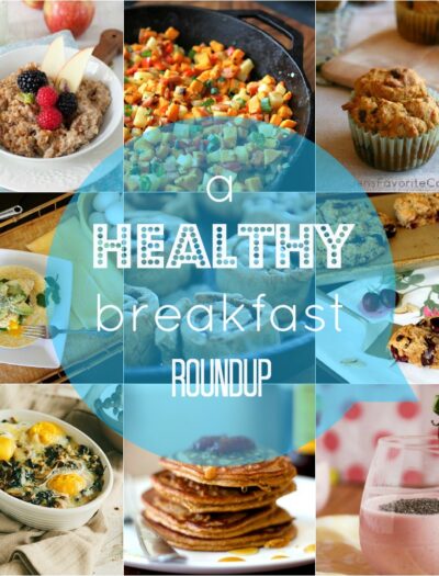 A grid of food pictures with the title "a HEALTHY breakfast ROUNDUP"