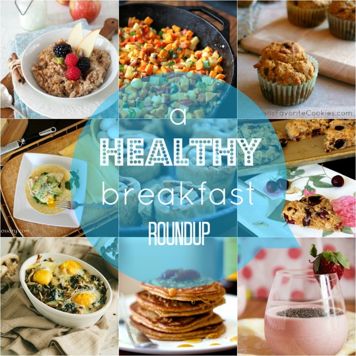 A grid of food pictures with the title \"a HEALTHY breakfast ROUNDUP\"