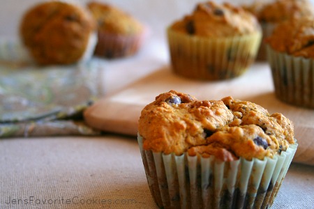 A close up of a Pumpkin Chip Oat Muffin