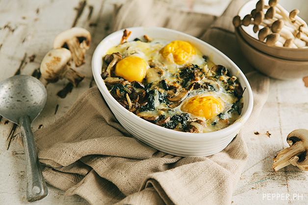 A bowl of mushroom spinach baked eggs