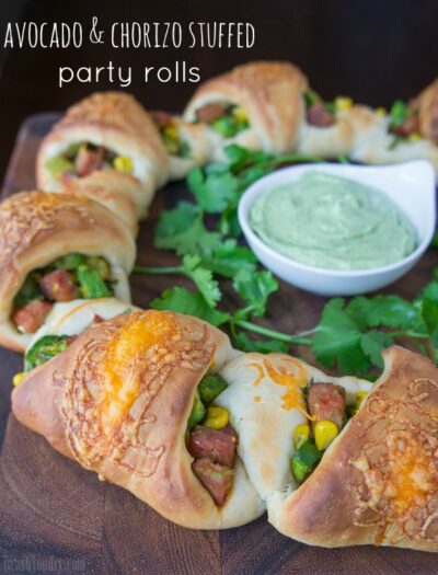 Avocado and Chorizo Stuffed Party Rolls with Creamy Avocado Cilantro Ranch Dip