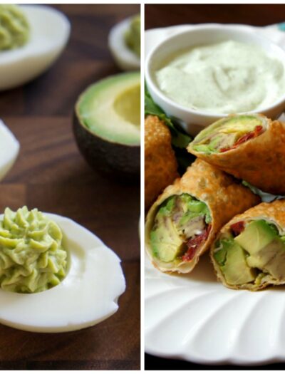 Two pictures. Left: Deviled eggs with an avocado based filling. Right: A close up of a plate with egg rolls stuffed with avocado