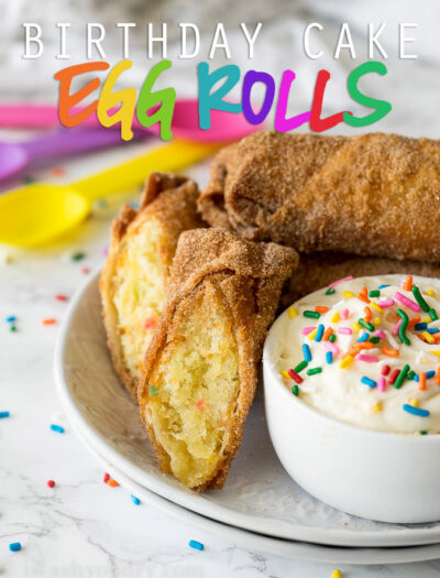 These Birthday Cake Egg Rolls are so fun! They taste like a giant churro that's been stuffed with birthday cake! YUM!