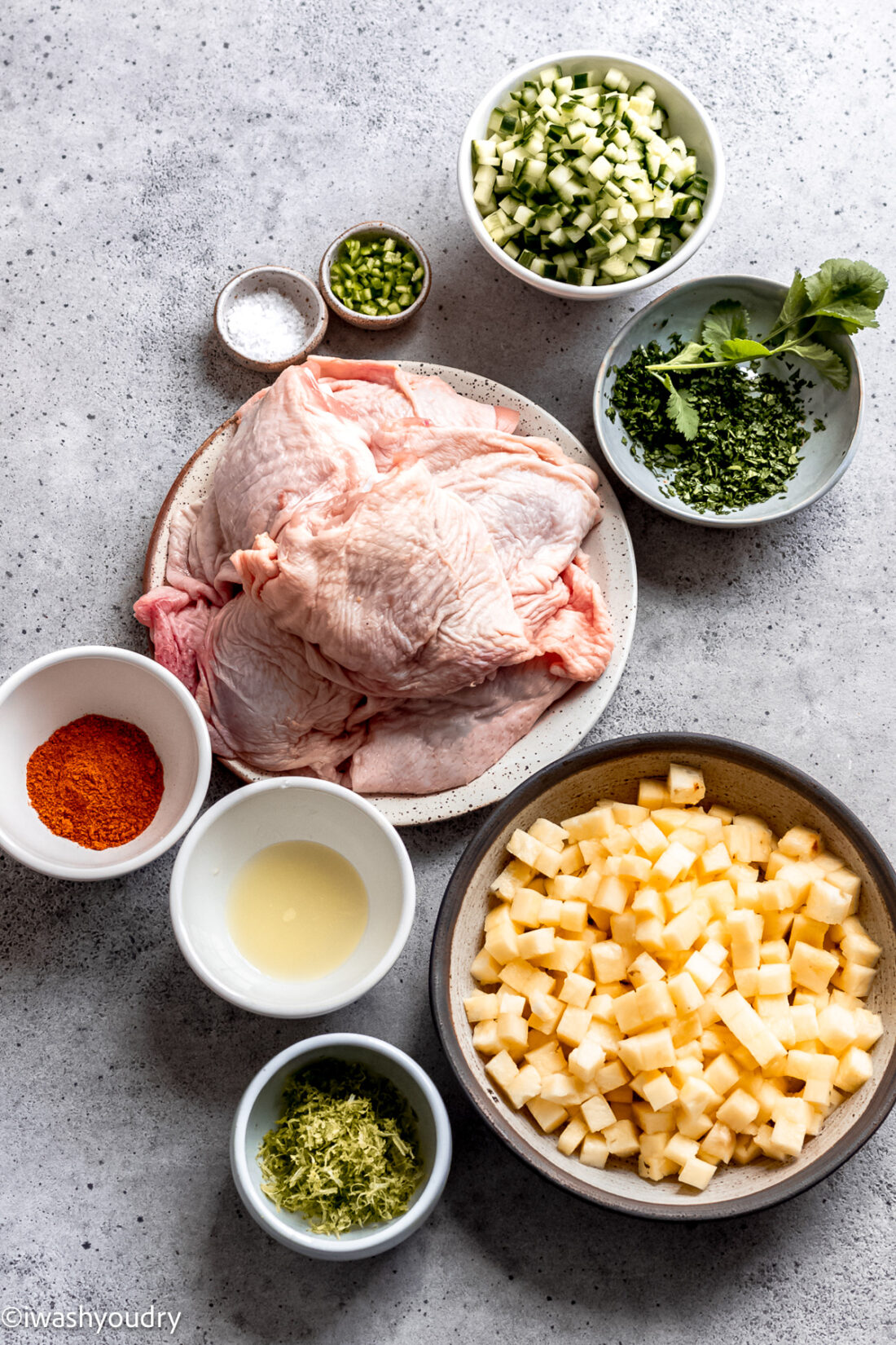 Ingredients for chili lime broiled chicken and pineapple cucumber salad. 