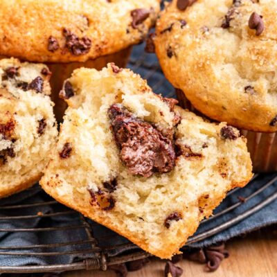 Baked nutella chocolate chip muffin on dish towel.